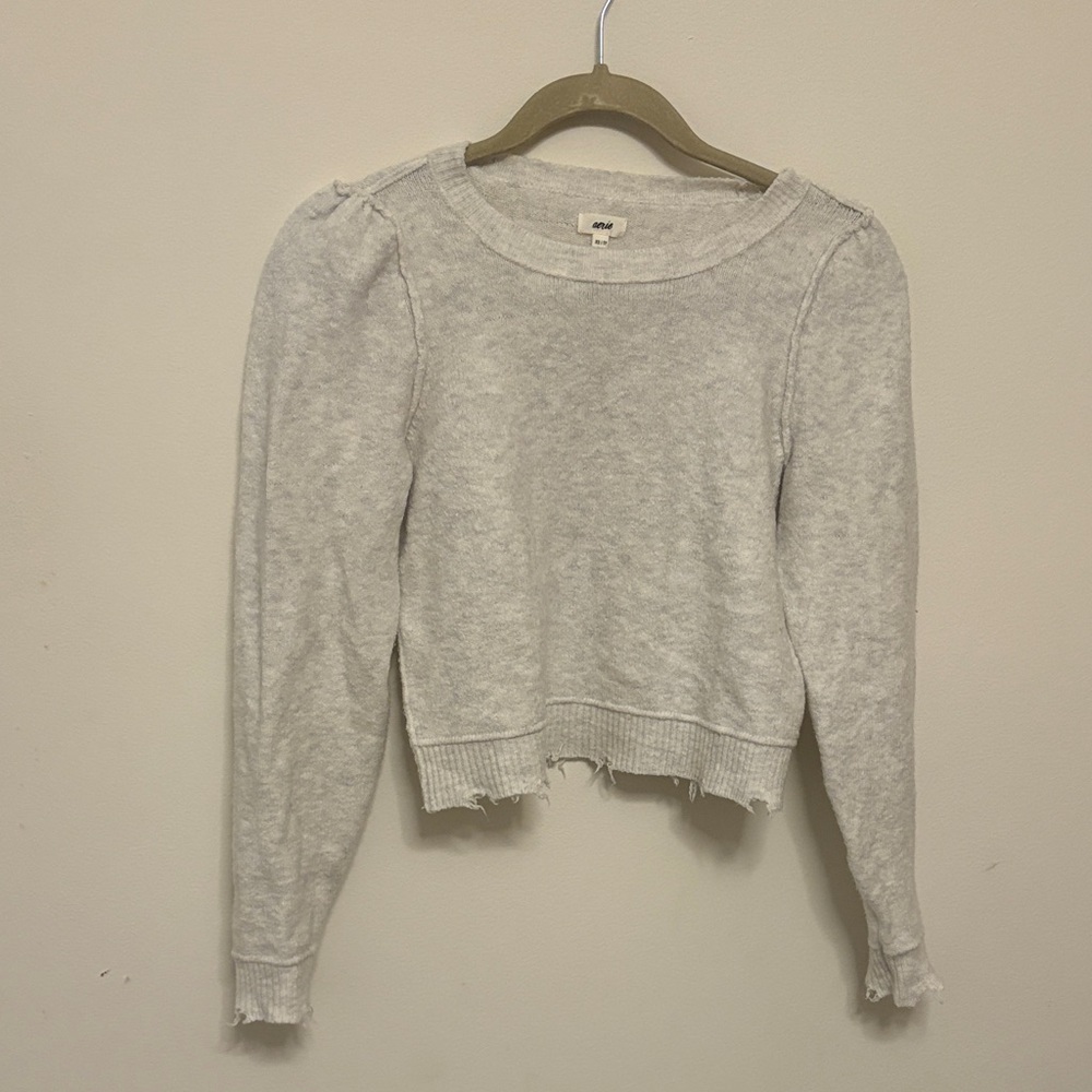 Aerie Gray Women's Sweater Top casual cozy cropped statement sleeves NWOT fray